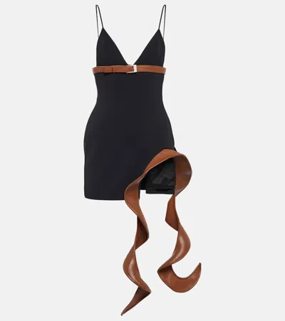 David Koma Leather-trimmed Cady Minidress In Black/brown