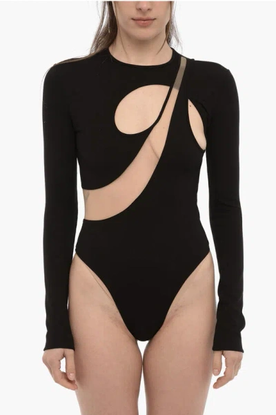 David Koma Long Sleeve Bodysuit With Mesh And Cut-out Detail In Black