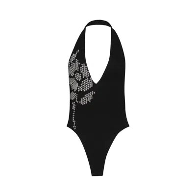 Pre-owned David Koma Metallic Flower Hotfix Detail Halter Neck Bodysuit 'black/silver' | Women's Size 12