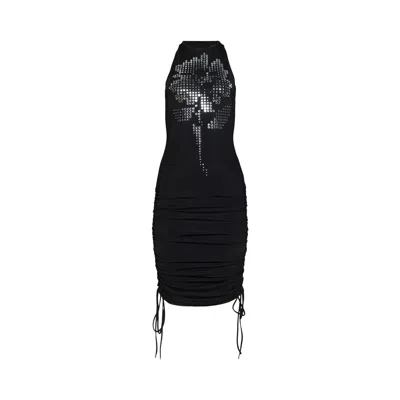 Pre-owned David Koma Mirrored Flower Hotfix Ruched Mini Dress 'black/silver' | Women's Size 8