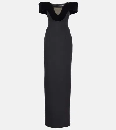 David Koma Off-shoulder Wool-blend Velvet Gown In Black