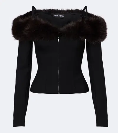David Koma Off-shoulder Wool-blend Zip-up Top In Black