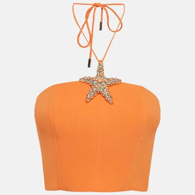 David Koma Orange Crepe Strafish Detail Corset Crop Top