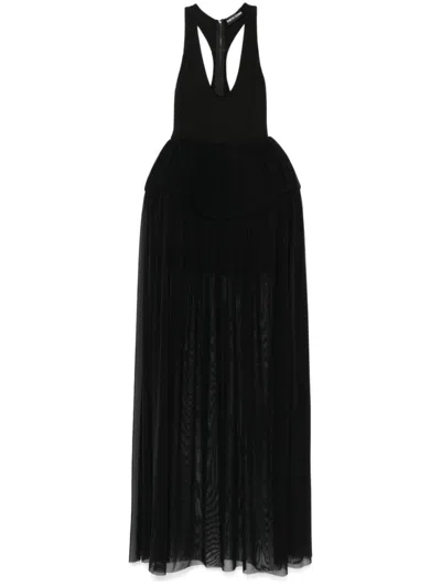 David Koma Pleated Evening Dress With U-neck And Racerback Design In Black