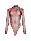 David Koma Printed Mesh Bodysuit Red And Black In Multicolor