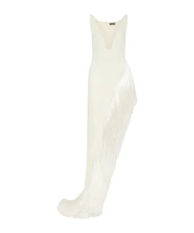 DAVID KOMA RAFFIA FRINGE ASYMMETRIC HEM GOWN