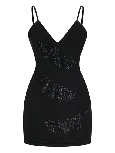 David Koma Rhinestone-embellished Denim Dress In Black