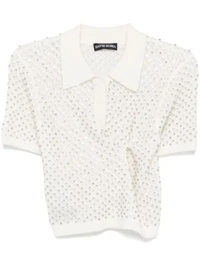 David Koma Rhinestone-embellished Knitted Polo Top In White