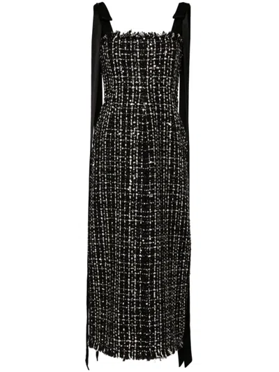 David Koma Satin Bow Strap Detail Tweed Midi Dress In Black