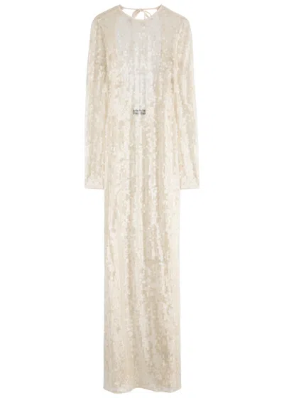 David Koma Sequin-embellished Metallic Open-knit Gown In Cream