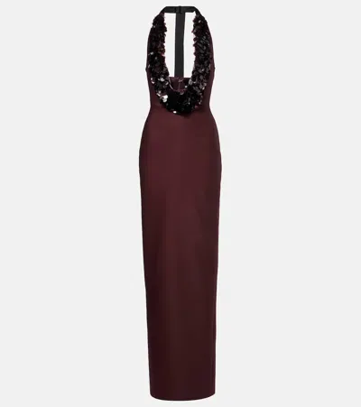 David Koma Sequined Halterneck Wool-blend Gown In Burgundy