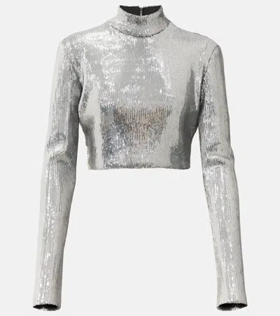 David Koma Sequined Mockneck Crop Top In Silver
