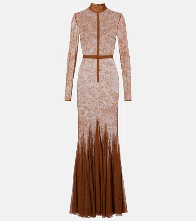David Koma Sheer Lace Gown In Brown