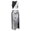 David Koma Silver Sequins Midriff Crop Top Asymmetric High Slit Skirt Set In Silver