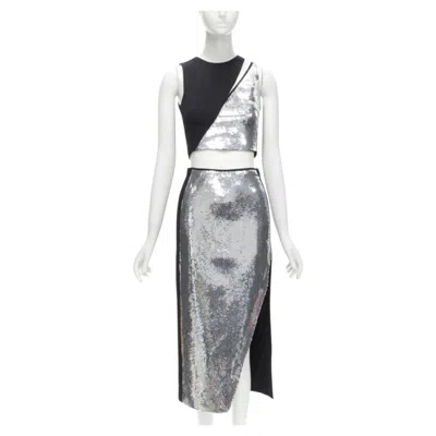 Pre-owned David Koma Silver Sequins Midriff Crop Top Asymmetric High Slit Skirt Set Uk6 Xs