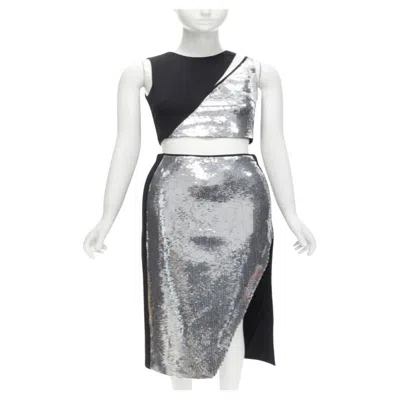 Pre-owned David Koma Silver Sequins Midriff Crop Top Asymmetric High Slit Skirt Set Uk6 Xs