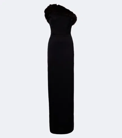David Koma Strapless Bustier Gown In Black / Brown Fur
