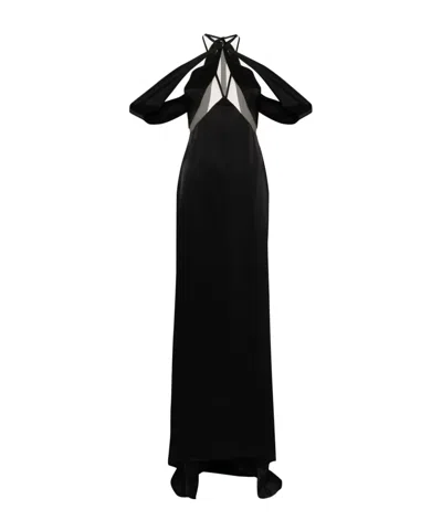 DAVID KOMA TULLE-DETAIL SATIN GOWN