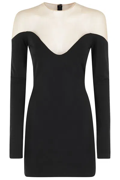 David Koma Wave Neckline Tulle Insert Long Slv Mini Dress In Black