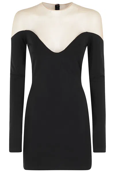 DAVID KOMA WAVE NECKLINE TULLE INSERT LONG SLV MINI DRESS