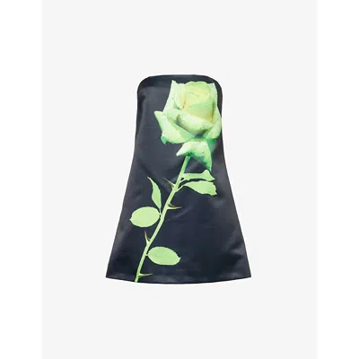 David Koma Floral-print Slim-fit Satin Mini Dress In Black/green