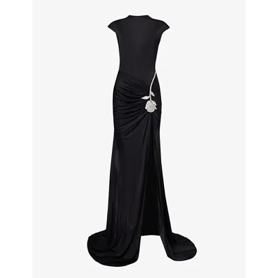 David Koma Floral-embellished Slim-fit Jersey Maxi Dress In Black/silver