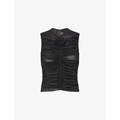 David Koma Womens Black Floral-motif Ruched Woven Top