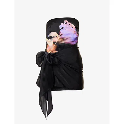 David Koma Womens Black Front-tie Strapless Silk Mini Dress