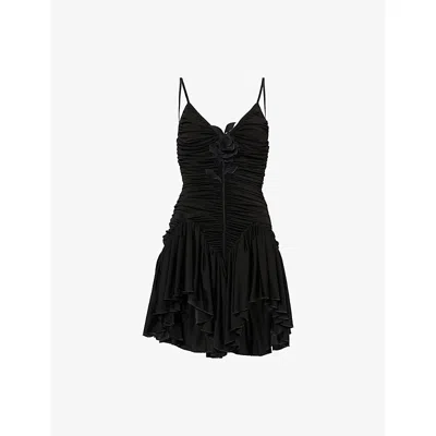 David Koma Womens Black Ruched Floral-embellished Woven Mini Dress