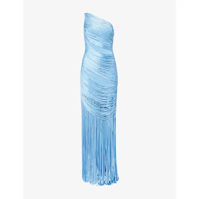 David Koma Womens Blue Fringe Asymmetric Draped Woven Maxi Dress