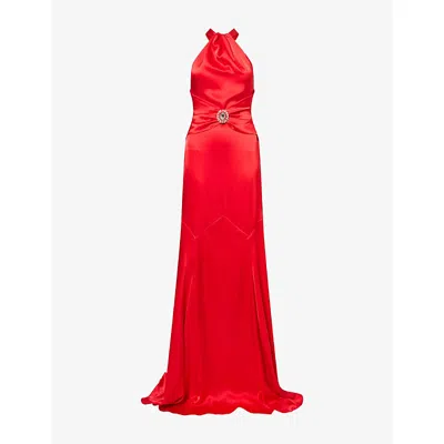 David Koma Womens Crystal-embellished Halter-neck Satin Gown Red/silver