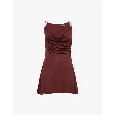 David Koma Womens Burgundy Silver Embellished Cowl-neck Woven Mini Dress In Brown