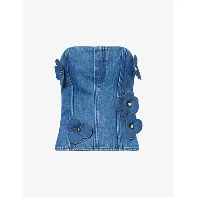 David Koma Womens Indigo Floral-embellished Denim Corset Top In Blue