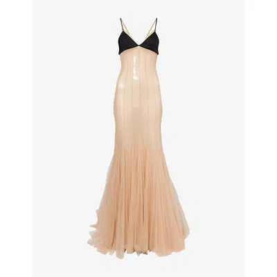 David Koma Womens Beige Black Sequin Asymmetric Woven Gown In Multi