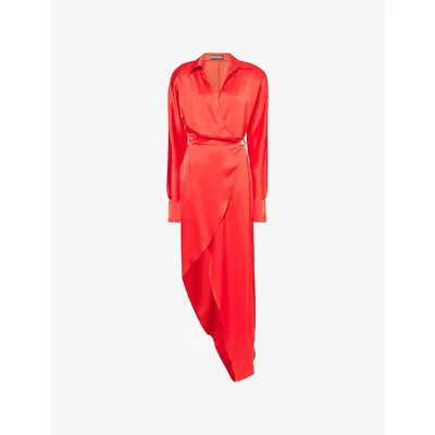 David Koma Womens Red Silver Split Plunge-v-neck Woven Midi Dress
