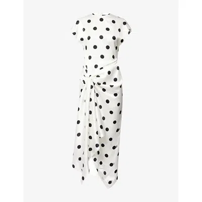 David Koma Womens White Black Polka-dot Draped Silk Midi Dress