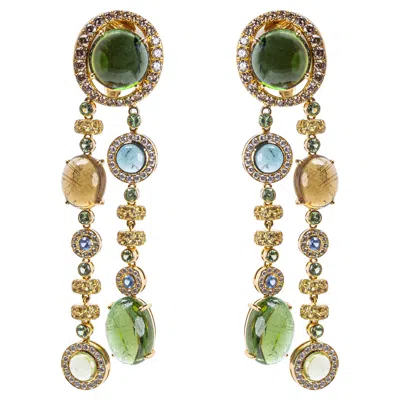 Pre-owned David Morris 18 K Yellow Gold Green Tourmaline, Diamond, Sapphire Drop Earrings