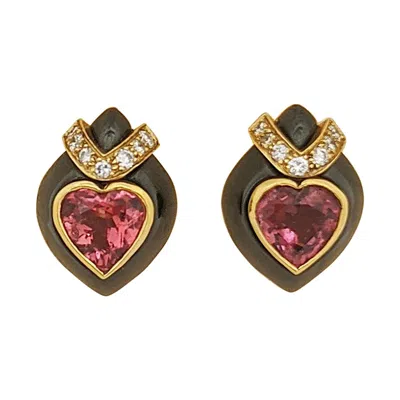 Pre-owned David Morris 18kt Yellow/blackened Gold Diamond & Pink Tourmaline Heart Earrings