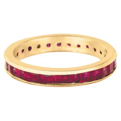 Pre-owned David Morris 3.05 Carat Natural Princess Cut Ruby Eternity Band Ring 14 Karat Yellow Gold