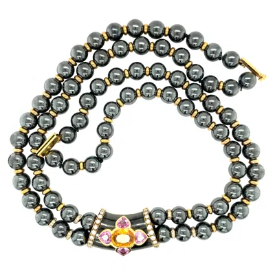Pre-owned David Morris Hematite Bead Necklace With 1.18ct Dia. 6.24ct Pink/yel Sapphires In Multi
