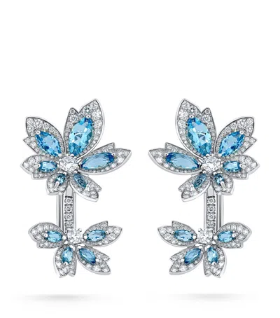 David Morris 18kt White Gold Palm Double Flower Aquamarine Earrings