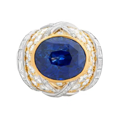 Pre-owned David Webb 16.62 Carat Oval Ceylon Sapphire And Diamond Ring In 18kyg & Platinum In Blue