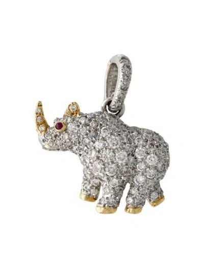 Pre-owned David Webb 1.78ctw Diamond & Ruby Rhinoceros Pendant, 1.25" In Multi