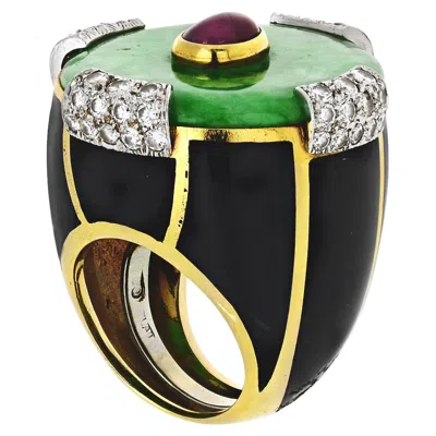 Pre-owned David Webb 18 Karat Gold Black Enamel Jade Diamond And Ruby Ring In Green