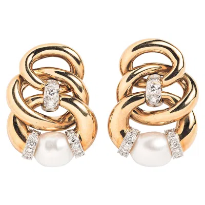Pre-owned David Webb 18 Karat Yellow Gold And Pearl Three Zero Ear Clips