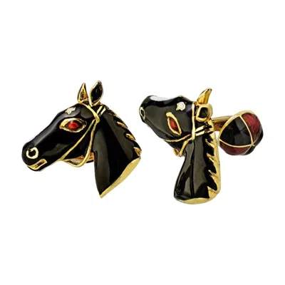 Pre-owned David Webb 18 Karat Yellow Gold Black Enamel Horse Head Cuff Links