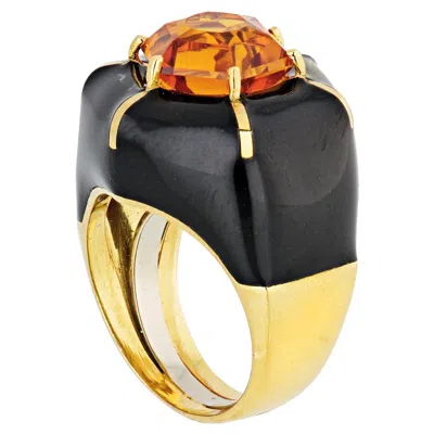 Pre-owned David Webb 18 Karat Yellow Gold Hexagon Citrine Black Enamel Ring