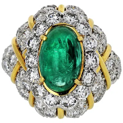 Pre-owned David Webb 18 Karat Yellow Gold, Platinum, Cabochon Emerald, Diamond Bombe Ring