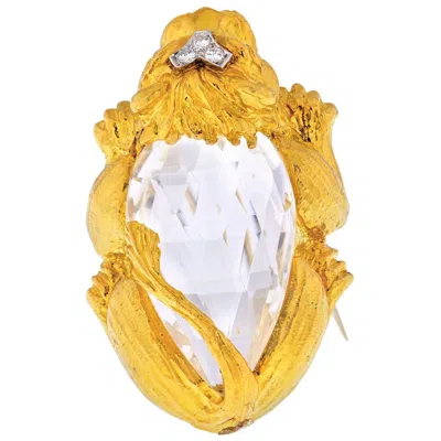 Pre-owned David Webb 18 Karat Yellow Gold Rock Crystal Lion Brooch Pendant