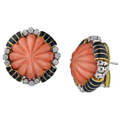 Pre-owned David Webb 18 Yellow Gold Round Orange Coral Diamond Pierced Earrings